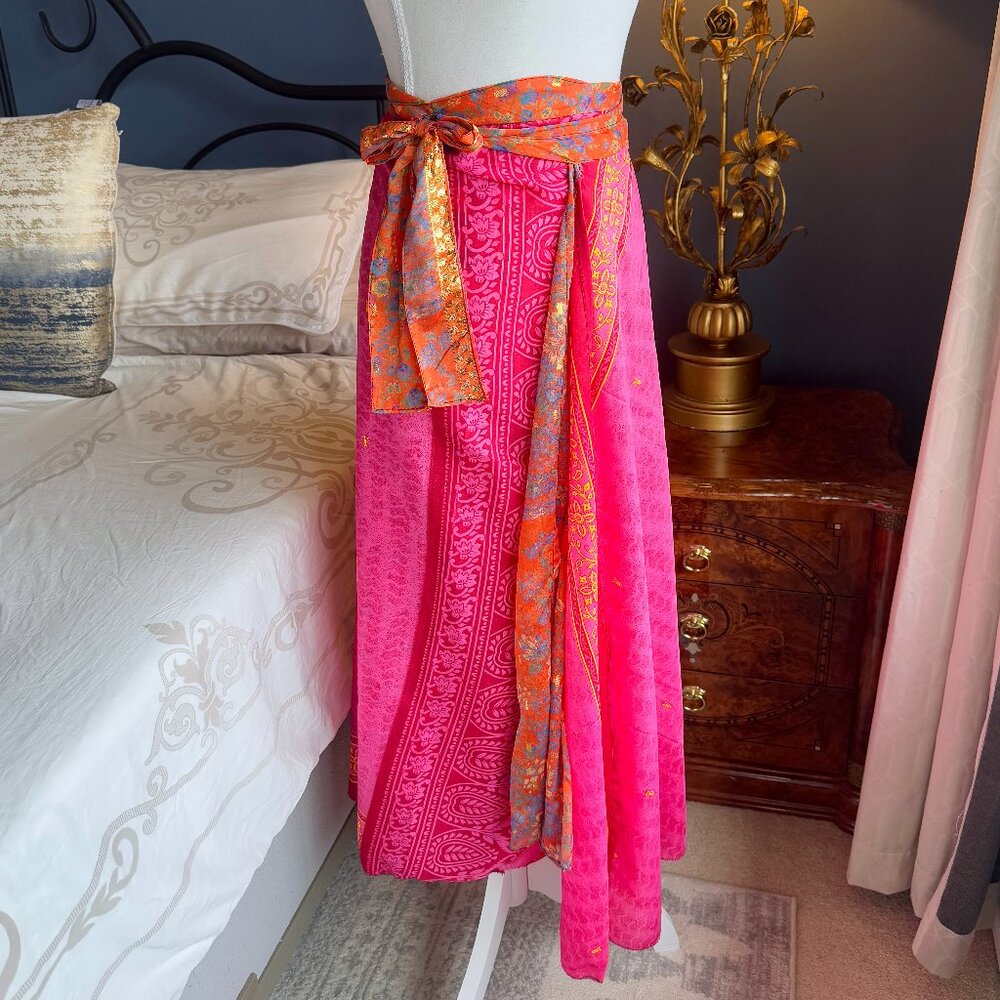 Pink and Orange Upcycled Silk Reversible Sari Wrap Skirt
